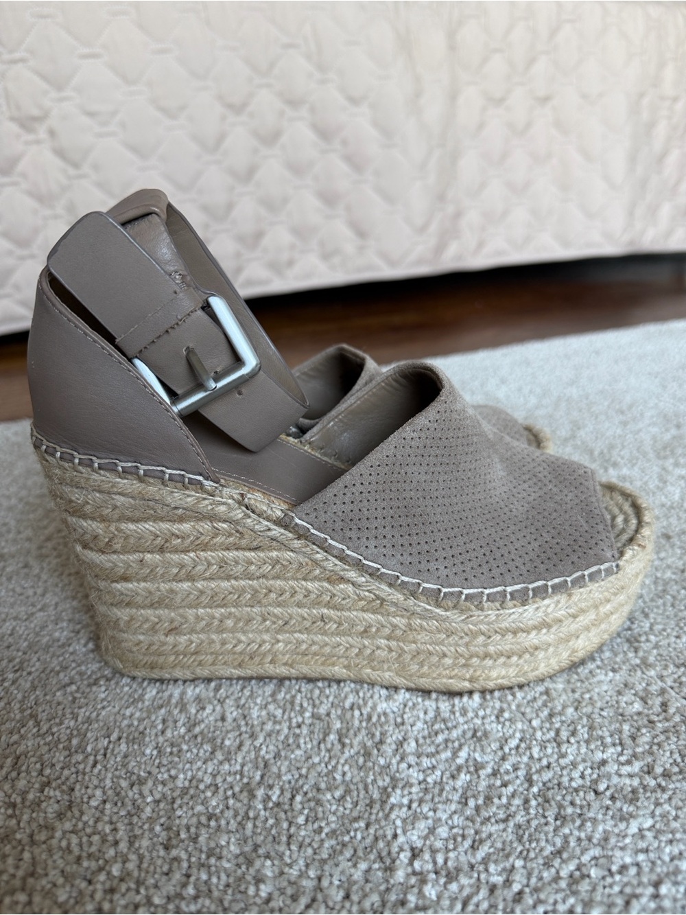 Marc Fisher Taupe Suede Espadrille Wedge Sandals with Ankle Buckle